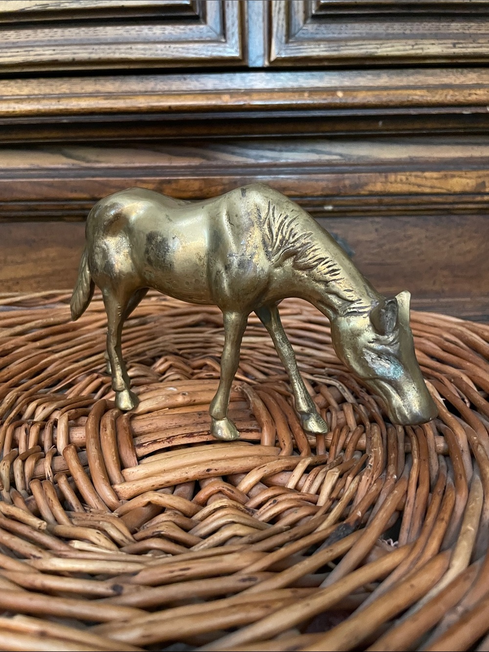 Vintage Brass Horse Figurine - Grazing Horse Sculpture